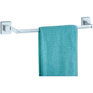 Portasciugamani Wenko Uno Quadro in acciaio inox con asciugamano blu.