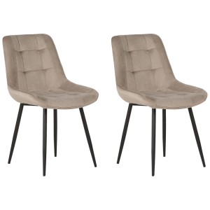 2er-Set Beliani Esszimmerstühle Melrose, beige Samtoptik, mit schwarzen Metallbeinen.