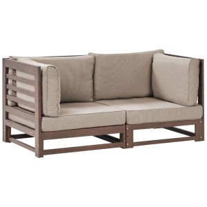 Divano da giardino modulare Trani 2 posti in legno di acacia marrone scuro con cuscini beige.