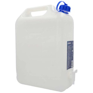 Tanica acqua Cartrend bianca in plastica, 10 litri, con tappo blu e rubinetto.