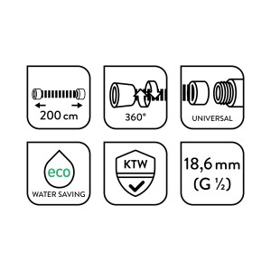 Détails du flexible de douche métallique baliv à économie d'eau 200cm : longueur, rotatif à 360°, universel, fonction d'économie d'eau, certification KTW, connexion 18,6mm.
