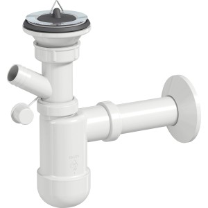 Siphon Prevex blanc avec bouchon en caoutchouc et raccord machine à laver.