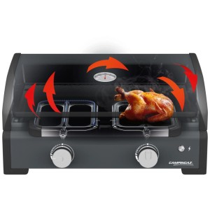 Campingaz Plancha Sigma 2 Cook: Grill a gas nero con pollo sotto la cappa.