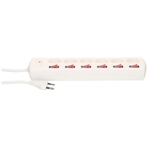 Bloc multiprise blanc avec 6 interrupteurs type 13 pour usage intérieur.
