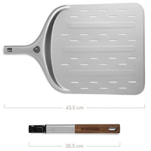 Pala per pizza Burnhard in alluminio con manico in legno, smontata, dimensioni visualizzate.