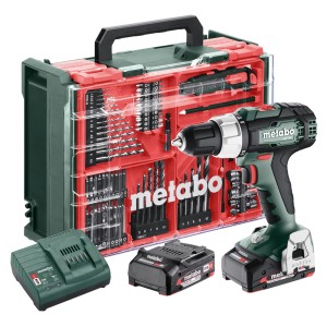 Set trapano avvitatore a percussione a batteria Metabo SB 18 L con valigetta, batterie e caricabatterie.