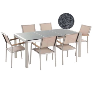 Salon de jardin Grosseto 7 pcs: Table plateau granit gris, structure acier inoxydable, 6 chaises tissu beige avec accoudoirs bois.
