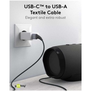 Textilkabel USB-A auf USB-C, 1m, grau-schwarz, zum Laden von Geräten.