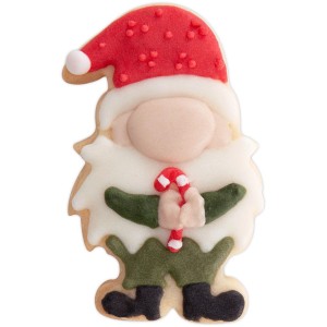 Verzierter Wichtel-Weihnachtskeks mit roter Mütze, weißem Bart und Zuckerstange. Ideal zum Backen.