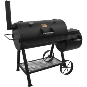 Barbecue à charbon de bois noir Char-Broil Oklahoma Joe® Smoker avec étagère et roues.