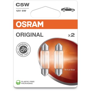 Ampoules auto Osram C5W, 12V 5W, pack double. Deux ampoules navette d'origine pour éclairage véhicule.