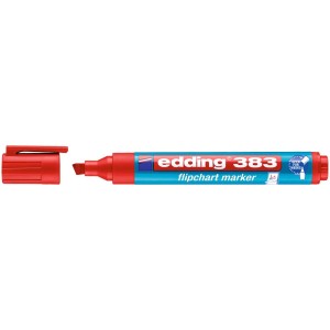 Feutre de paperboard rouge Edding 383 avec pointe biseautée et capuchon retiré.