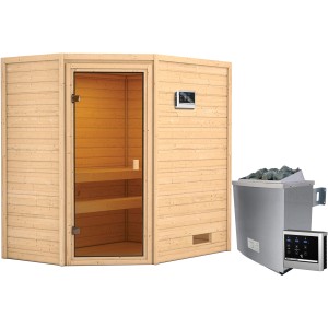Sauna Woodfeeling Jella con stufa e porta in vetro, legno massello per un'esperienza rilassante.