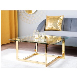Table basse carrée Crystal avec plateau en verre et structure en métal doré.