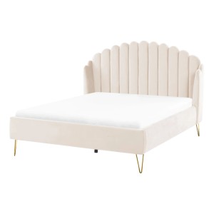 Beiges Samt Bett 140x200 cm mit Lattenrost und Retro Kopfteil im Beliani Online-Shop.