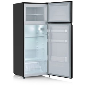 Offener, schwarzer Severin Kühlschrank mit Gefrierfach DT8762, 206 l, mit LED-Beleuchtung.