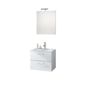 Ensemble de meubles de salle de bains NOA, laqué blanc, avec meuble sous-vasque, vasque en céramique et miroir éclairé.