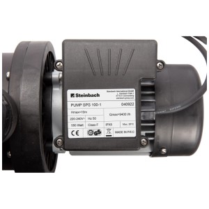 Gros plan de la pompe de filtration Steinbach noire avec étiquette technique, 550 watts pour filtres à sable.