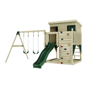 Torre gioco PolarPlay Nils con altalena e scivolo, legno naturale, dettagli verde scuro.