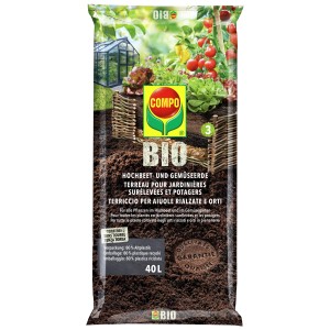 Sacco di terriccio biologico Compo per aiuole rialzate e ortaggi, 40 l, senza torba e con ingredienti naturali.