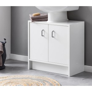 Meuble sous-vasque Badmobil blanc (54 cm) avec deux portes et serviettes sur le dessus.