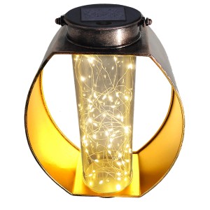 Lanterne ronde noire à LED solaire Fairylight avec fil lumineux blanc chaud, hauteur 26 cm.