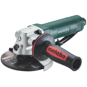 Smerigliatrice angolare pneumatica Metabo DW 125 con impugnatura supplementare e disco abrasivo.