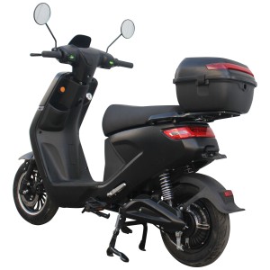 E-scooter Gen2 EM38 nero con bauletto, vista posteriore.