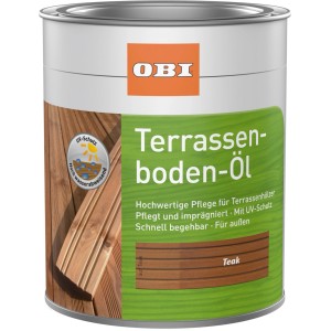 Boîte d'huile pour terrasse OBI Teck 2,5 l pour terrasses en bois, protège contre les rayons UV et les intempéries.