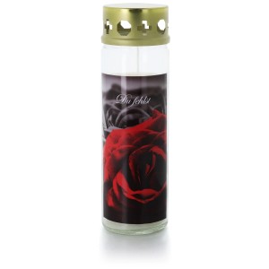 Gedenkkerze Gloria mit roter Rose und goldenem Deckel, 20,5 cm hoch.