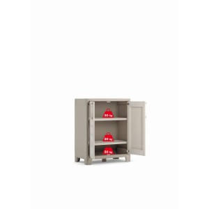Armoire basse en plastique beige clair Gulliver, 100x80x44 cm, avec portes ouvertes et trois étagères.