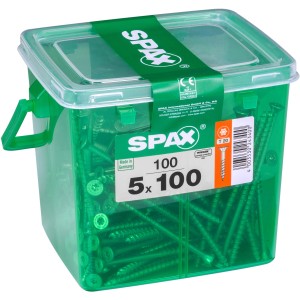 Viti universali Spax 5x100 mm, 100 pezzi in contenitore trasparente.