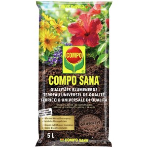 Sacco di terriccio universale Compo Sana di qualità 5L per piante da interno, balcone e giardino.