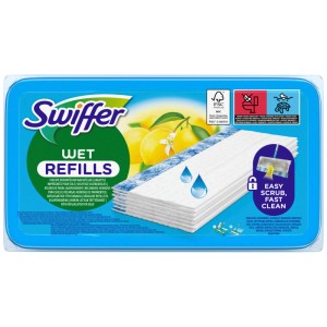 Recharges lingettes humides Swiffer, 24 pièces, parfum agrumes. Emballage bleu avec citrons pour sols.