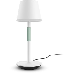Weiße Philips Hue Go Tischleuchte mit Farbwiedergabe, tragbar und dimmbar.