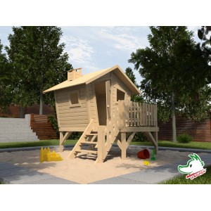 Maisonnette d'aventure Weka Tabaluga Lotti avec escalier et terrasse dans le jardin.