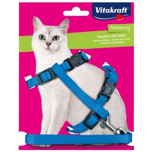 Pettorina e guinzaglio per gatti Vitakraft, nylon blu, regolabile (22-42cm).