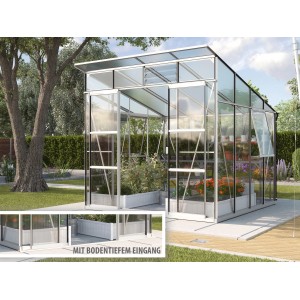 Vitavia Gewächshaus Playa 7600 mit Alu-Rahmen, ESG-Glas und Hohlkammerplatten im Garten.