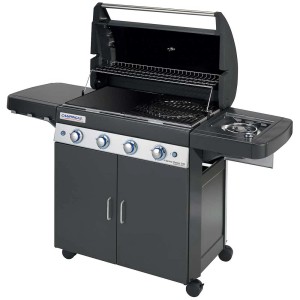 Barbecue a gas Campingaz 4 Series Classic EXS Dark con fornello laterale e griglia in ghisa.