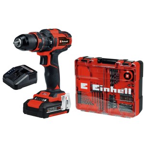 Trapano avvitatore a impulsi a batteria Einhell TE-CD 18/40 Li-i +64 con batteria, caricabatterie e set di accessori in valigetta.