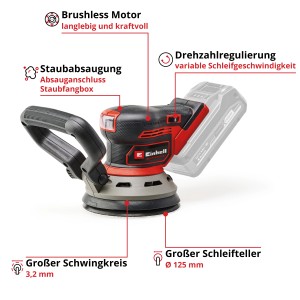 Ponceuse excentrique sans fil Einhell TP-RS 18/32 Li BL-Solo : Ponceuse rouge sans fil avec aspiration de poussière et poignée supplémentaire.