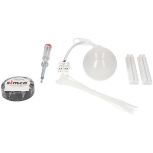 Kit de déménagement 6 pièces pour installation de lampe avec lampe, ruban isolant, testeur de tension, bornes et colliers de serrage.