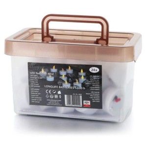 Lot de 24 bougies chauffe-plat LED Nele blanches, emballées dans une boîte transparente avec poignée.