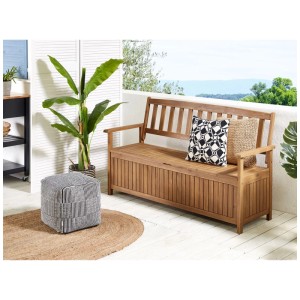 Banc de jardin Sovana en acacia avec rangement et coussins sur une terrasse.