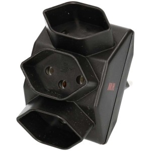 Schwarzer Max Hauri Abzweigstecker mit 3 T13 Steckdosen für den Innenbereich.