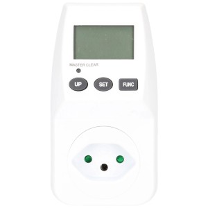 Compteur d'énergie blanc pour domotique avec écran et prise.