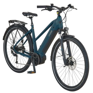 Bicicletta da trekking elettrica da donna Prophete Entdecker 3.0 color blu notte perlato con telaio trapezoidale e portapacchi.