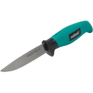 Coltello da esterno Wolfcraft con lama seghettata e manico verde.