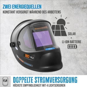 Casco per saldatura automatico Güde GSH 180-TC-2: Protezione per la testa con energia solare e batteria per un comfort di saldatura ottimale.