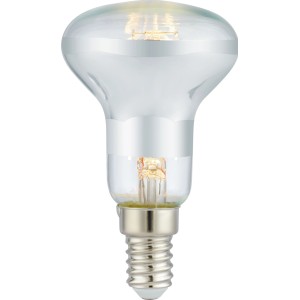 Lampadina LED riflettore E14 R50, 2.700 K bianco caldo. Vetro trasparente con riflettore argento, 2,6 W.